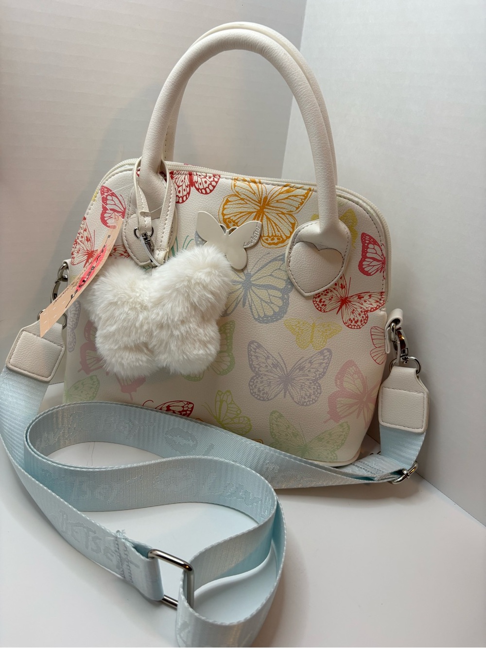 Luv Betsey Johnson White W multi color Butterfly Print Satchel bag